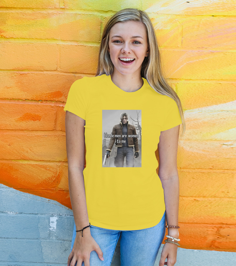 Blonde Men Are Women To Me Resident Video Game Character Brown Jacket Gun T-Shirt