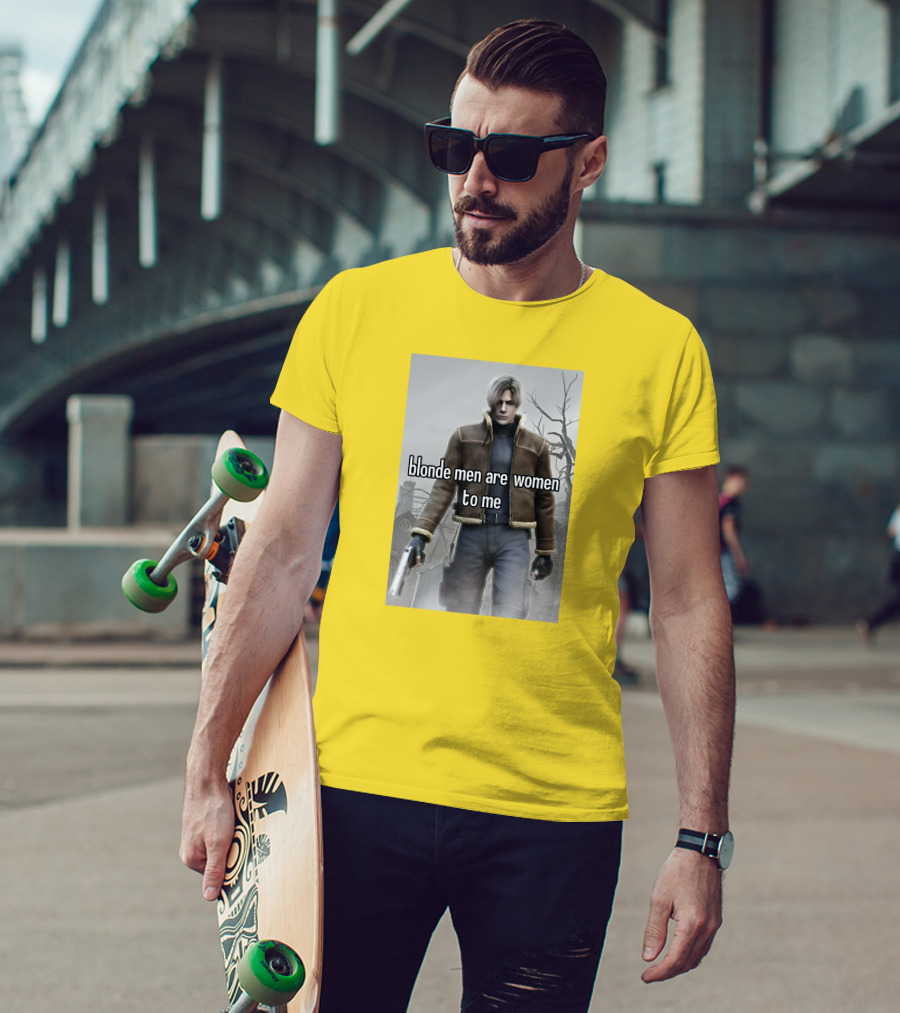 Blonde Men Are Women To Me Resident Video Game Character Brown Jacket Gun T-Shirt