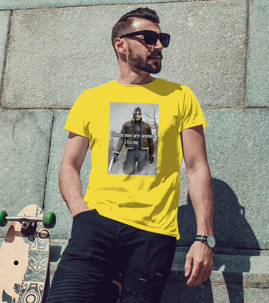 Blonde Men Are Women To Me Resident Video Game Character Brown Jacket Gun T-Shirt