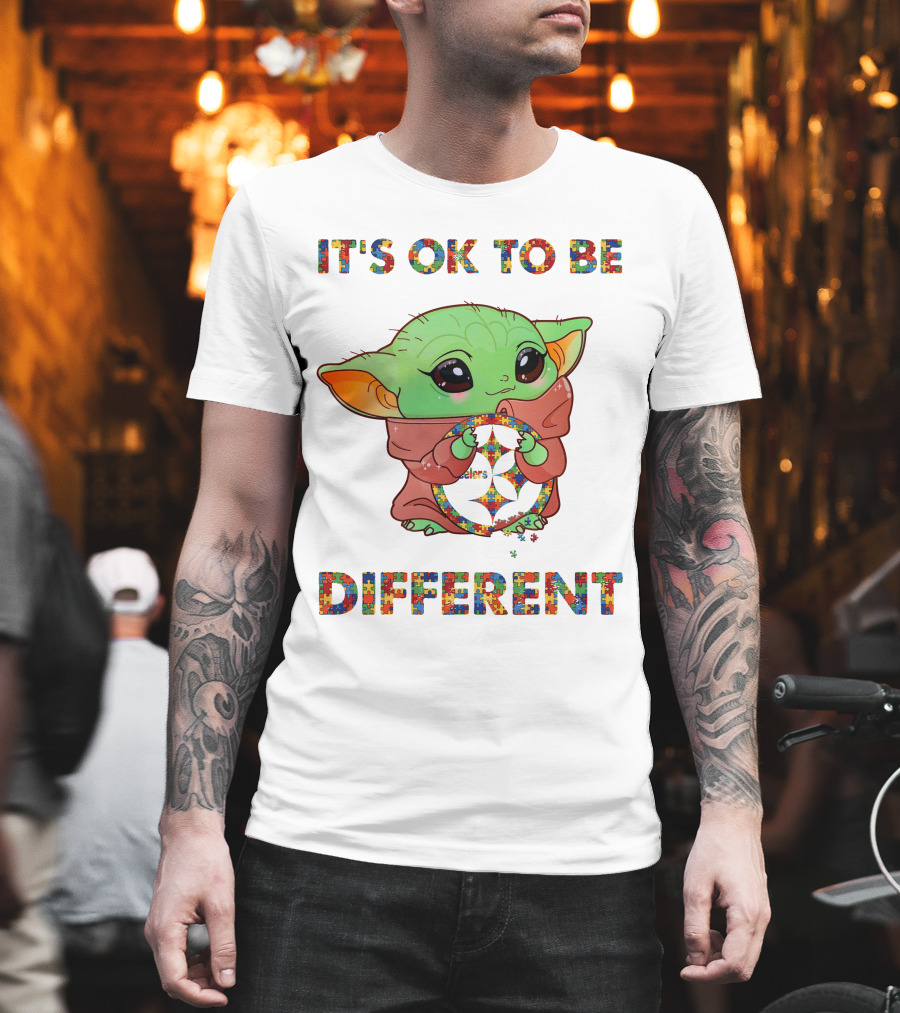 It's Ok To Be Different Baby Yoda Holding Pittsburgh Steelers T-Shirt