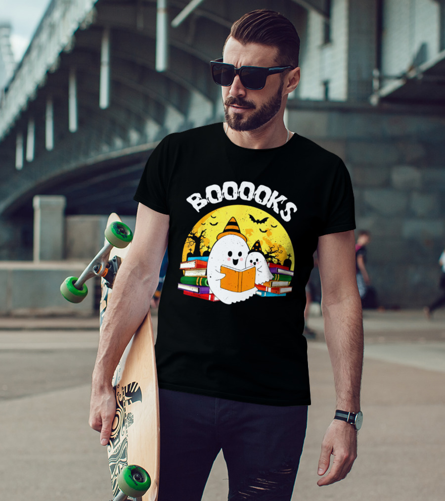 Booooks Ghost Reading Books Halloween Theme With Stacked Books And Bats T-Shirt