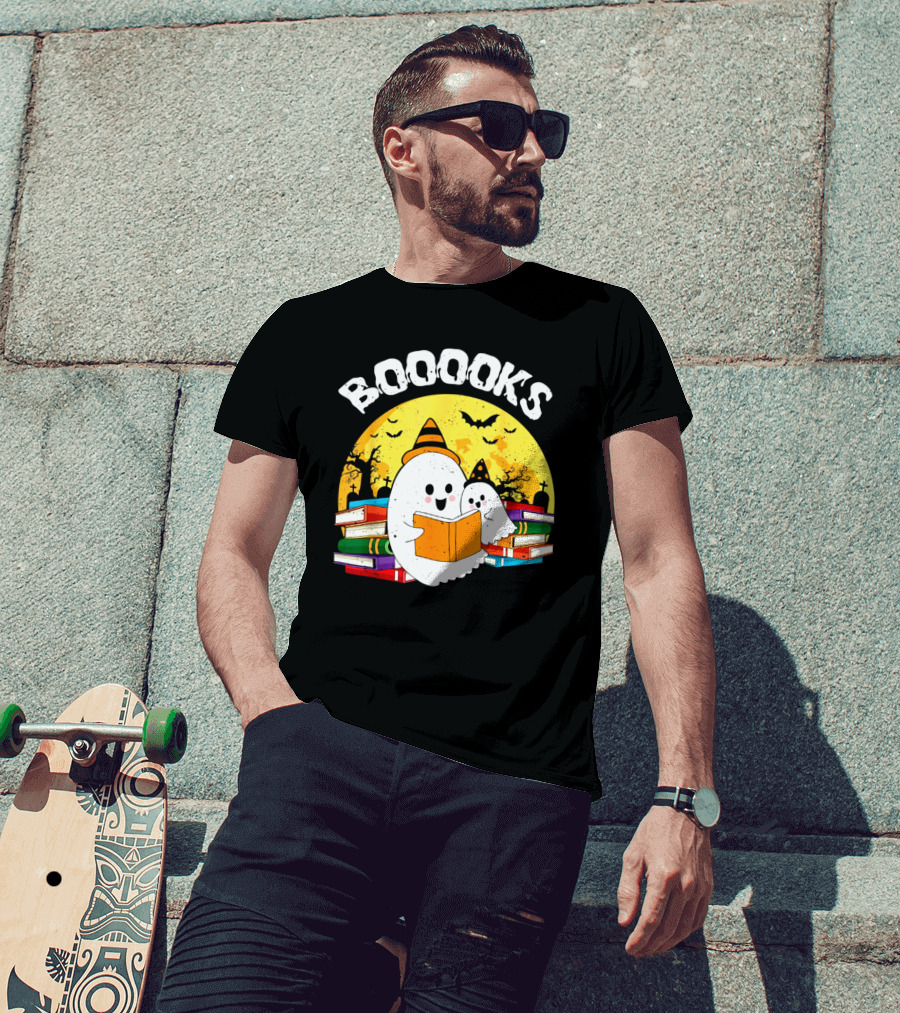 Booooks Ghost Reading Books Halloween Theme With Stacked Books And Bats T-Shirt