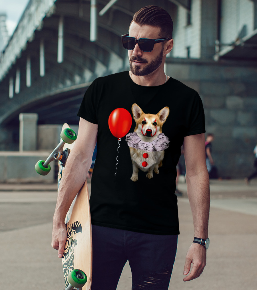 Red Balloon Corgi Scary Clown Funny Costume T-Shirt