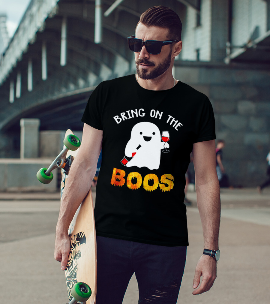 Bring On The Boos Funny Wine Ghost Holding Bottle And Glass Of Red Wine T-Shirt