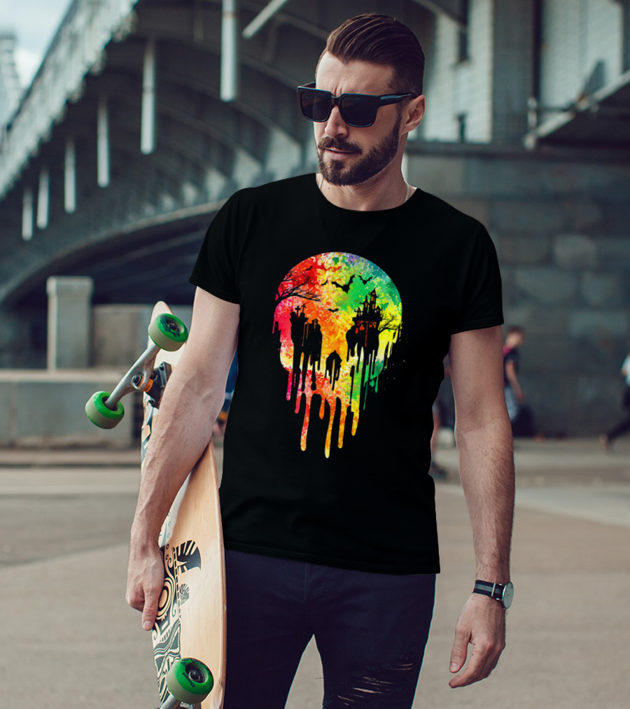 Melting Skull Colorful Night With Haunted Trees And Bats T-Shirt