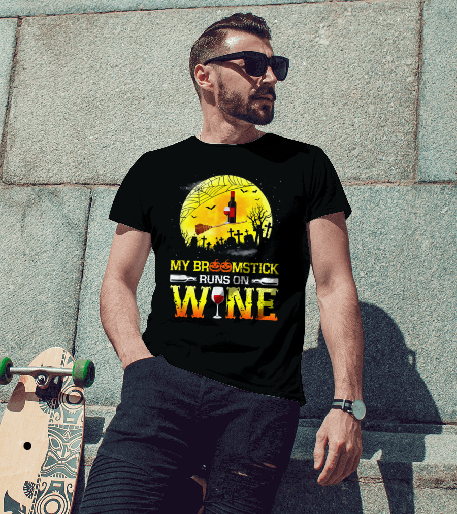 My Broomstick Runs On Wine Halloween Moon Pumpkins Graveyard Scene T-Shirt