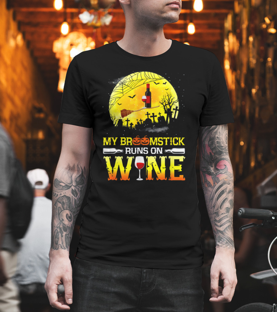 My Broomstick Runs On Wine Halloween Moon Pumpkins Graveyard Scene T-Shirt