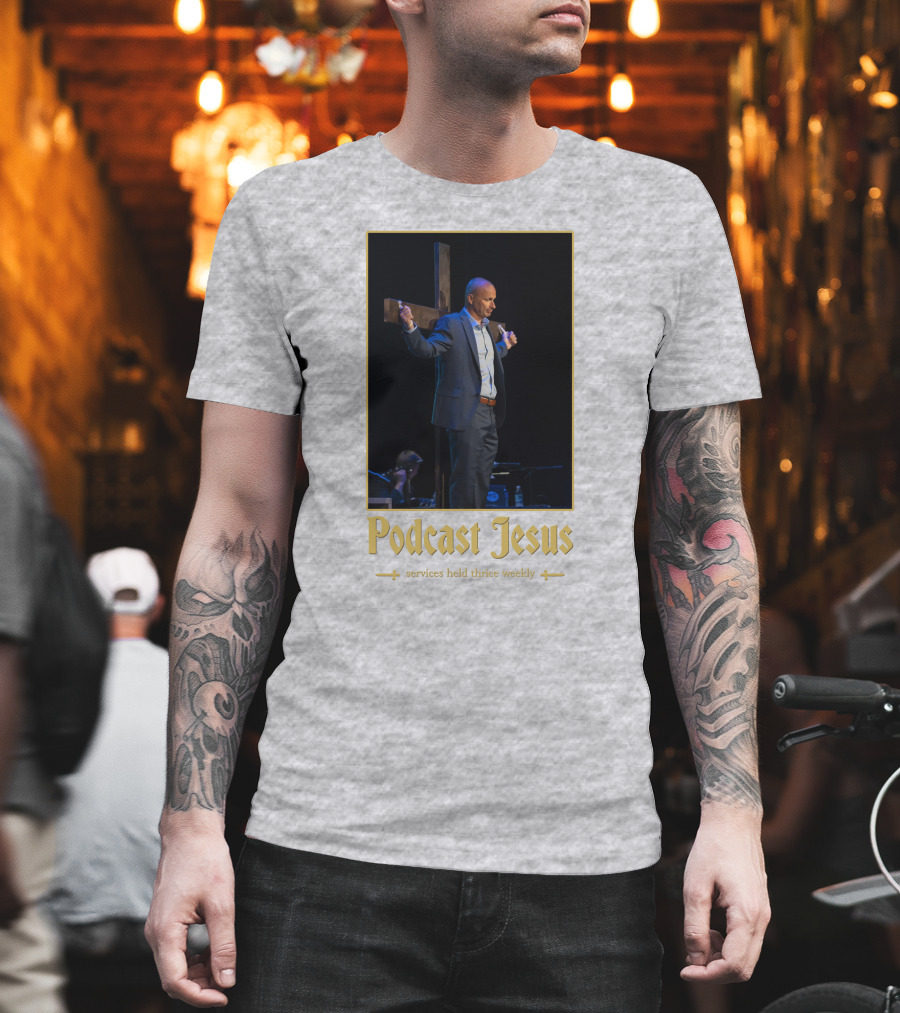 Podcast Jesus Services Held Thrice Weekly Speaker With Cross Image T-Shirt