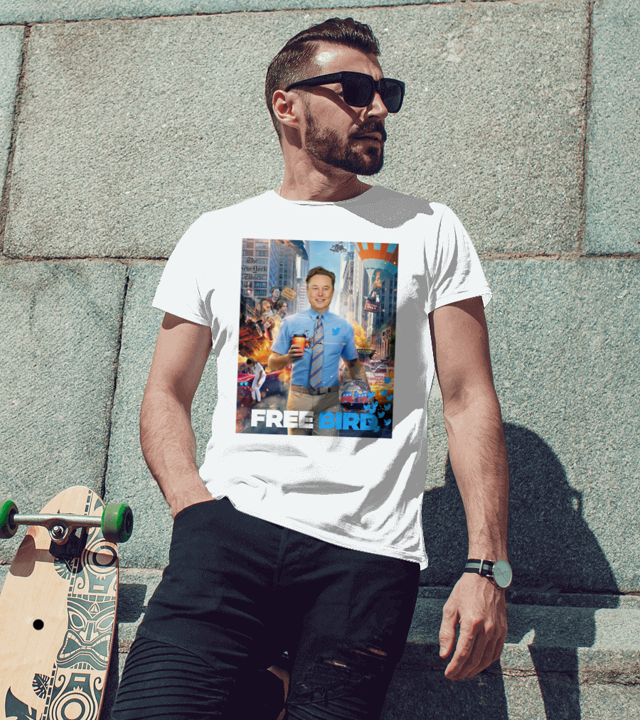 Elon Musk Free Bird I'm Leaving Twitter Chaos Explosion Cityscape Car Plane Twitter T-Shirt
