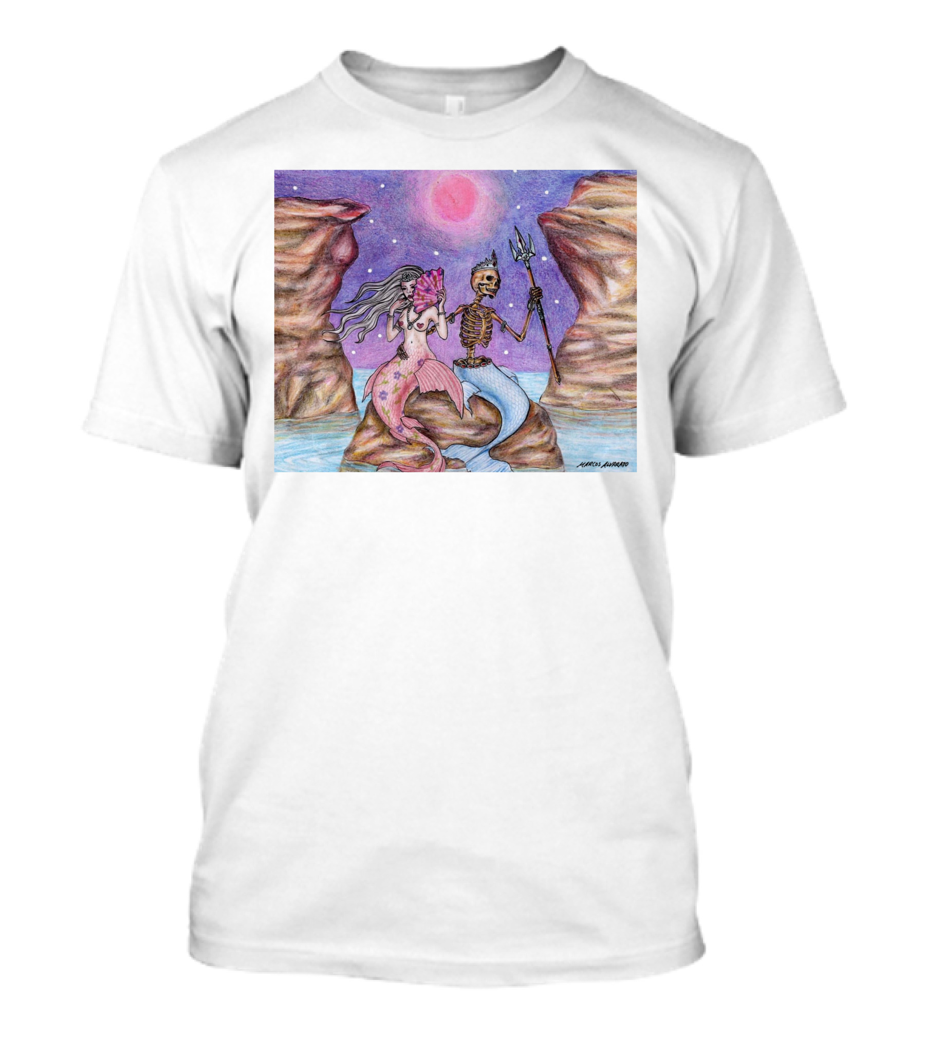 Marcos Alvarado Sea Of Love Mermaid And Skeleton Under Pink Moon T-Shirt