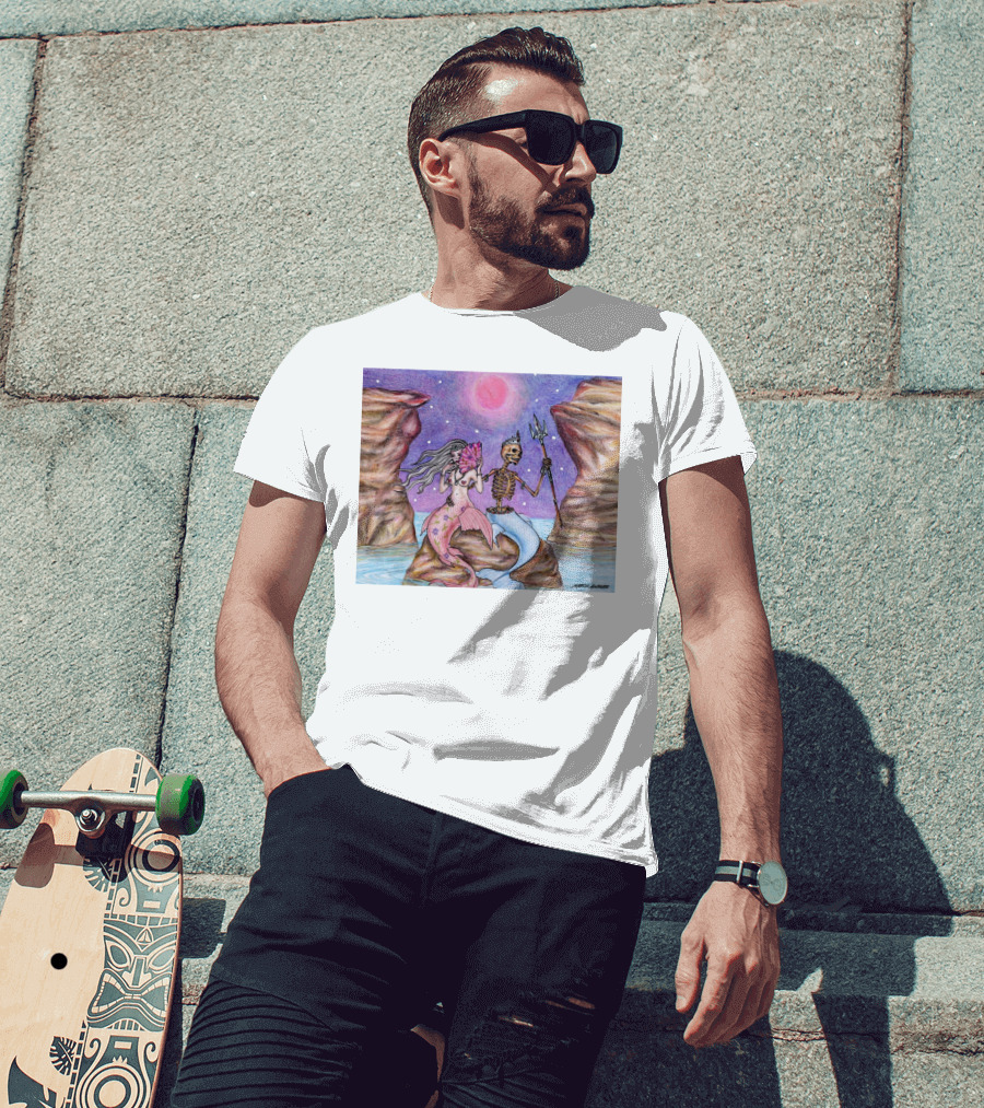 Marcos Alvarado Sea Of Love Mermaid And Skeleton Under Pink Moon T-Shirt