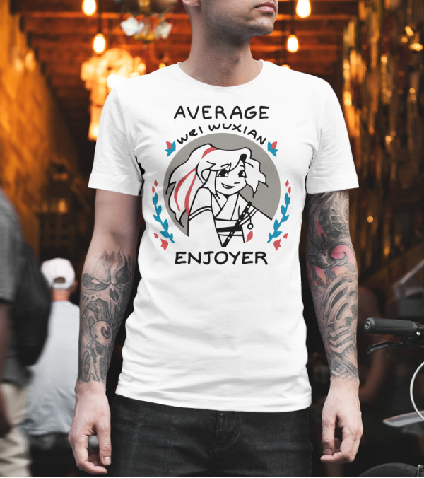 Average Wei Wuxian Enjoyer Emblem with Cartoon Character and Floral Accents T-Shirt Average Wei Wuxian Enjoyer Emblem with Cartoon Character and Floral Accents T-Shirt