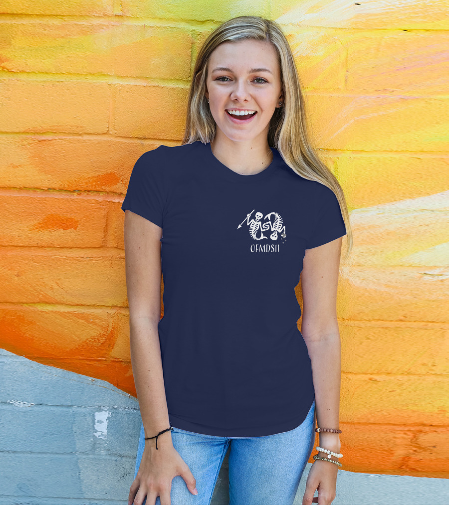 Samba Schutte Wearing OFMDSII Skeleton Arrow Design Navy T-Shirt
