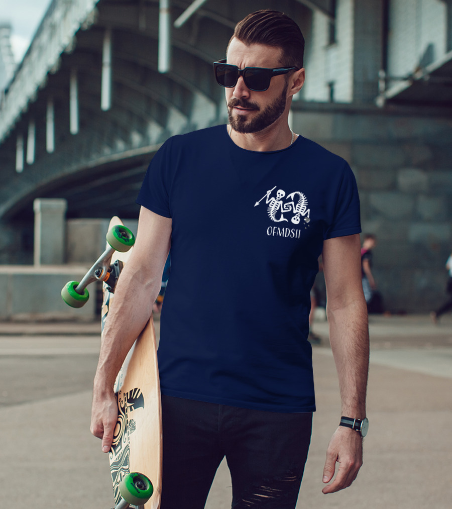 Samba Schutte Wearing OFMDSII Skeleton Arrow Design Navy T-Shirt