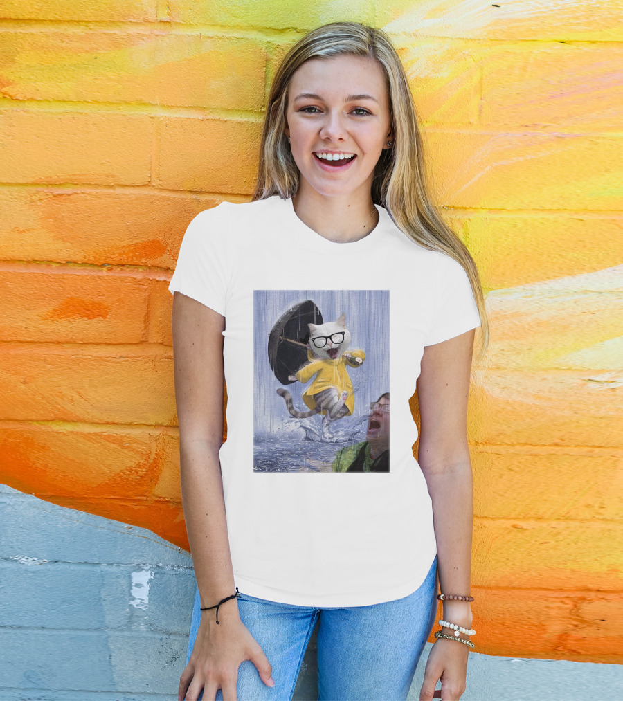 Catturd In Yellow Raincoat With Glasses Holding Umbrella In The Rain T-Shirt