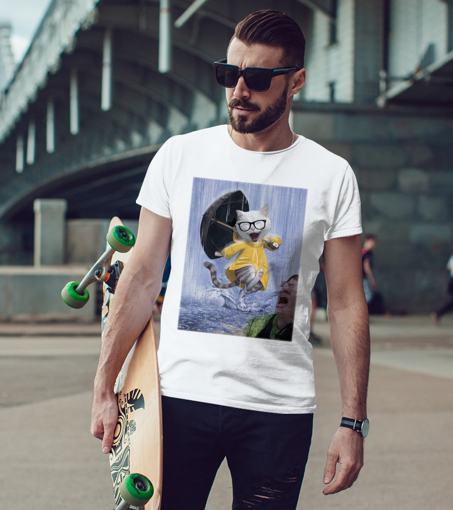 Catturd In Yellow Raincoat With Glasses Holding Umbrella In The Rain T-Shirt