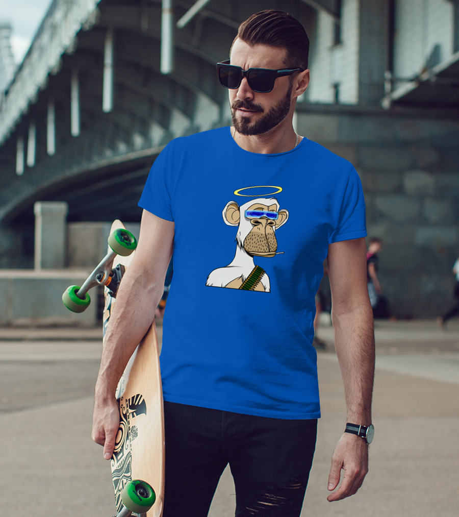 Ginotheghost Bored Ape Yacht Club Angel Halo NFT Ape Blue Background T-Shirt