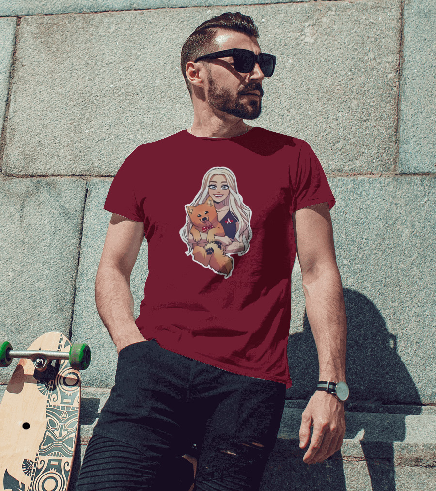 Autumnrhodess Cartoon Character Holding Dog With Red Bowtie On Burgundy Background T-Shirt
