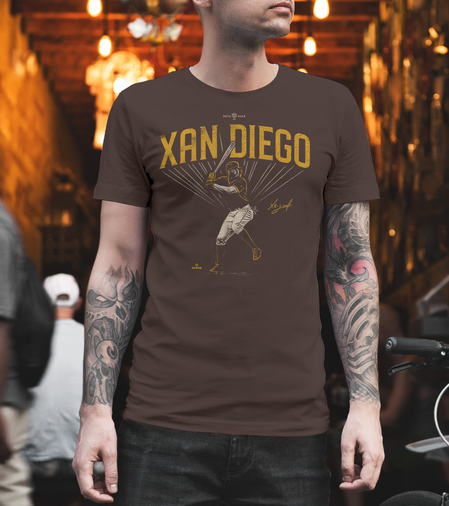 Roto Wear Xan Diego Baseball Player Swinging with Signature T-Shirt