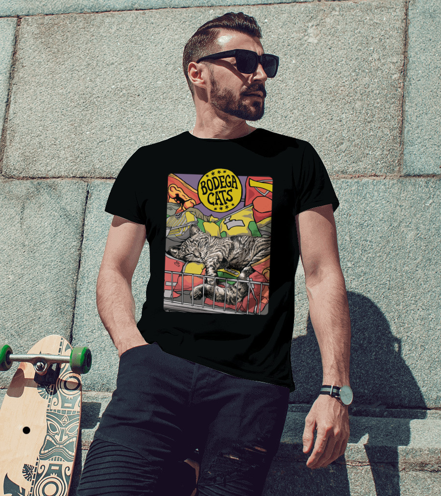 Bodega Cats Sleeping Among Snacks And Bags In Bright Colors T-Shirt