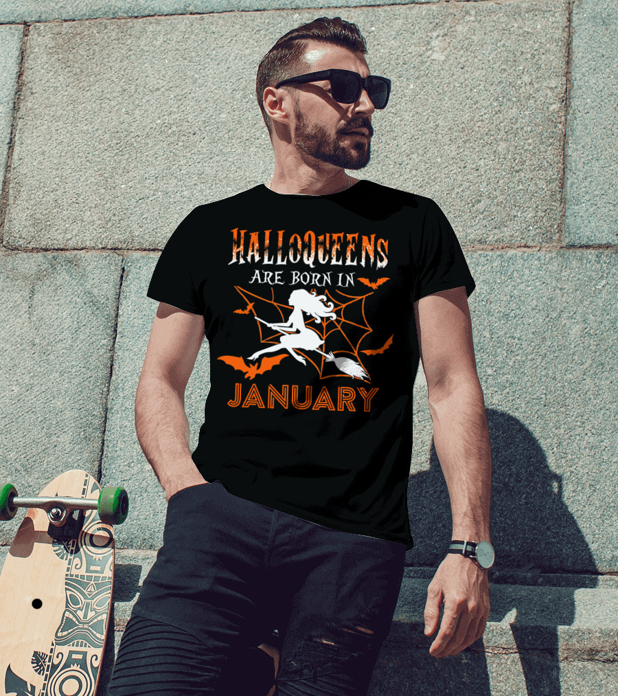 Halloqueens Are Born In January Witch And Bats Halloween Birthday T-Shirt