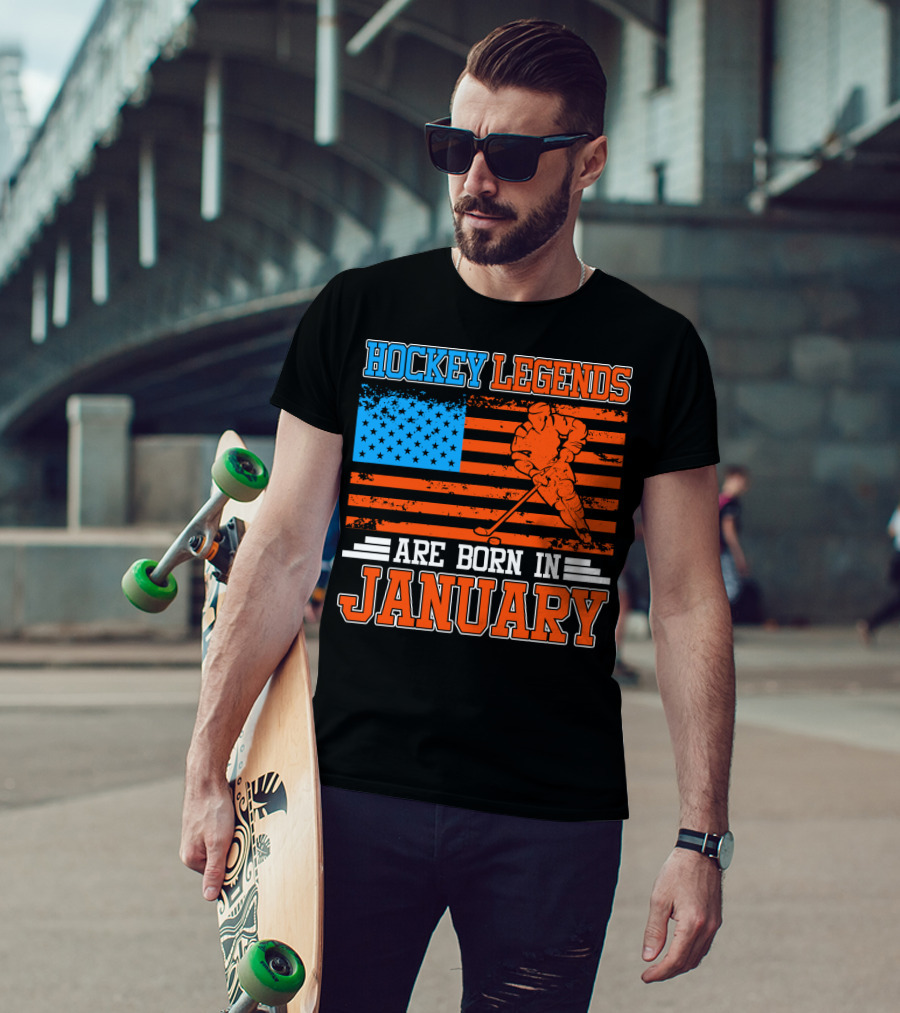 Hockey Legends Are Born In January With American Flag And Skater T-Shirt