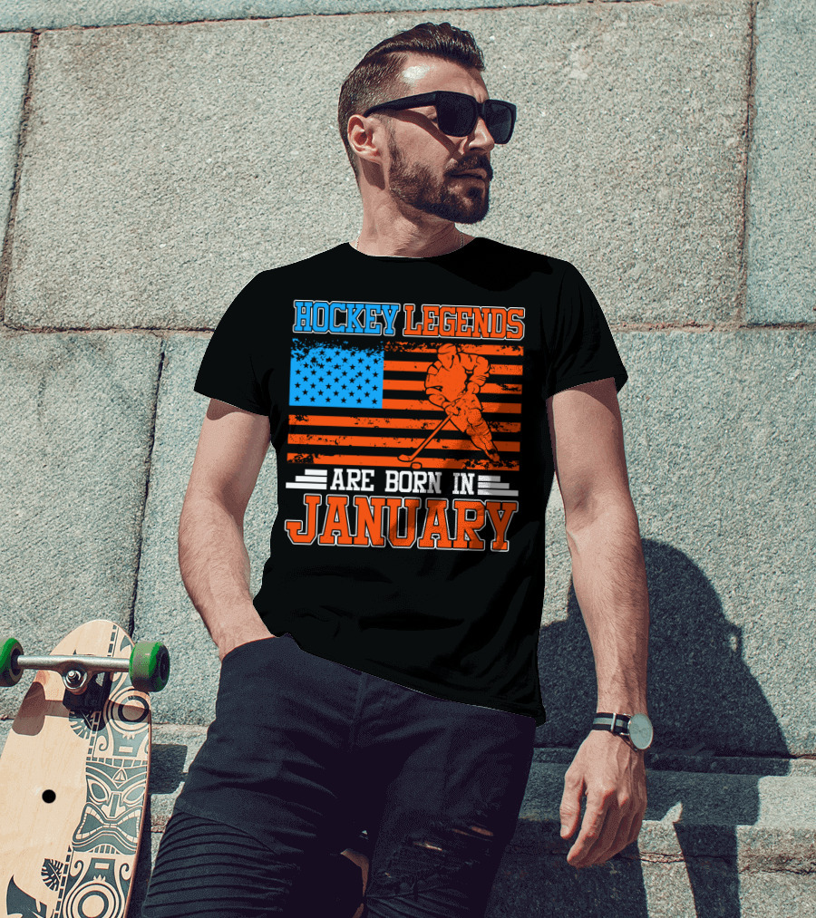 Hockey Legends Are Born In January With American Flag And Skater T-Shirt