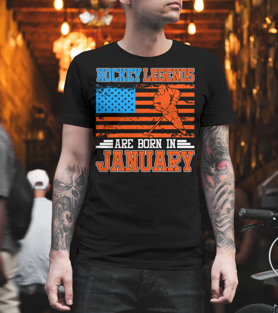 Hockey Legends Are Born in January with American Flag and Skater T-Shirt