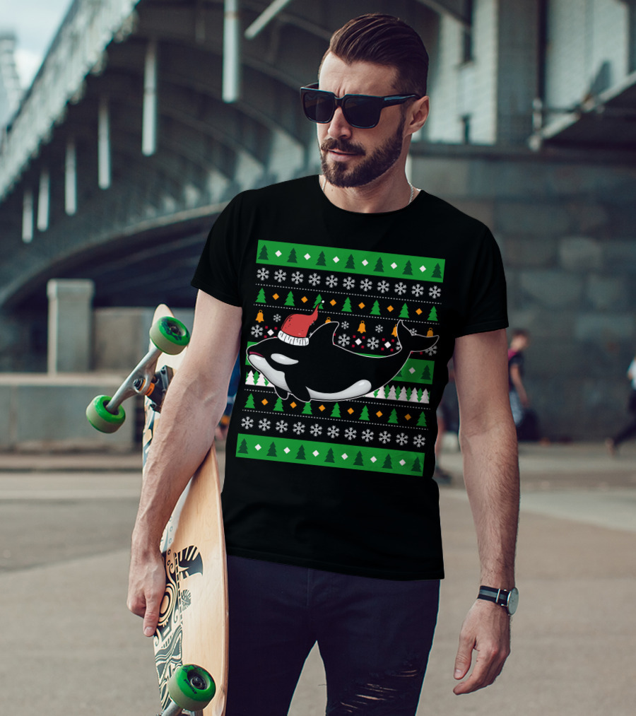 Orca Zookeeper Ugly Christmas Killer Whale Santa Hat Snowflakes Trees T-Shirt