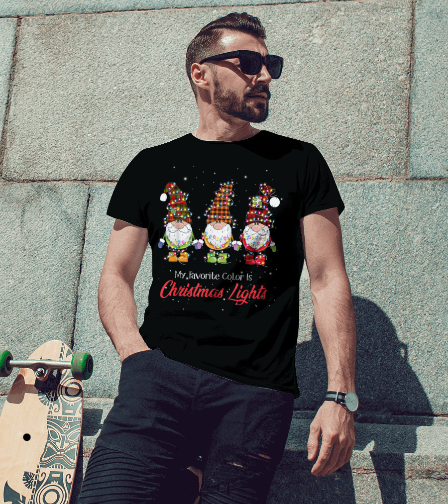 My Favorite Color Is Christmas Lights Gnomies Gnome Buffalo Plaid Trio T-Shirt