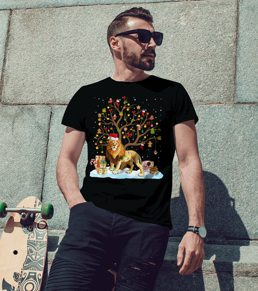 Lion With Christmas Tree Ornaments And Gifts T-Shirt
