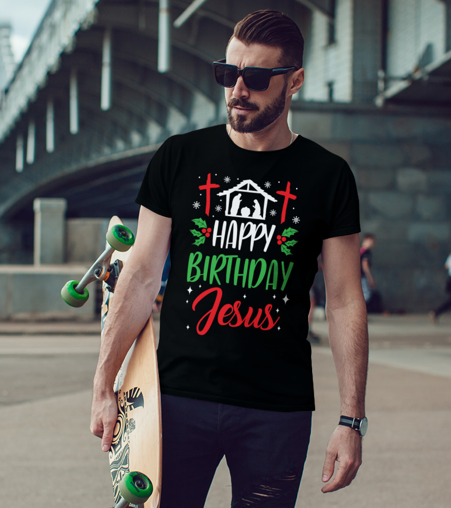 Happy Birthday Jesus Holiday Nativity Crosses Holly Motif T-Shirt