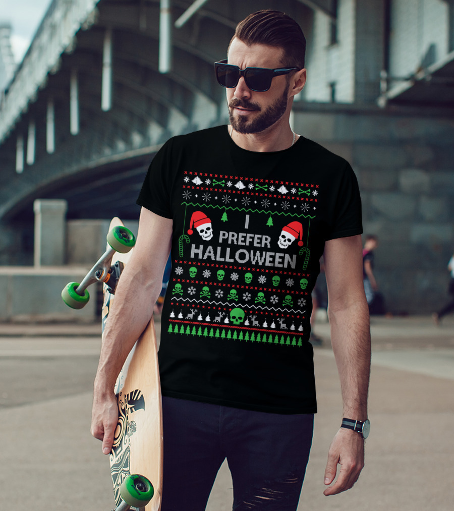 I Prefer Halloween Best Skull Santa Ugly Christmas T-Shirt