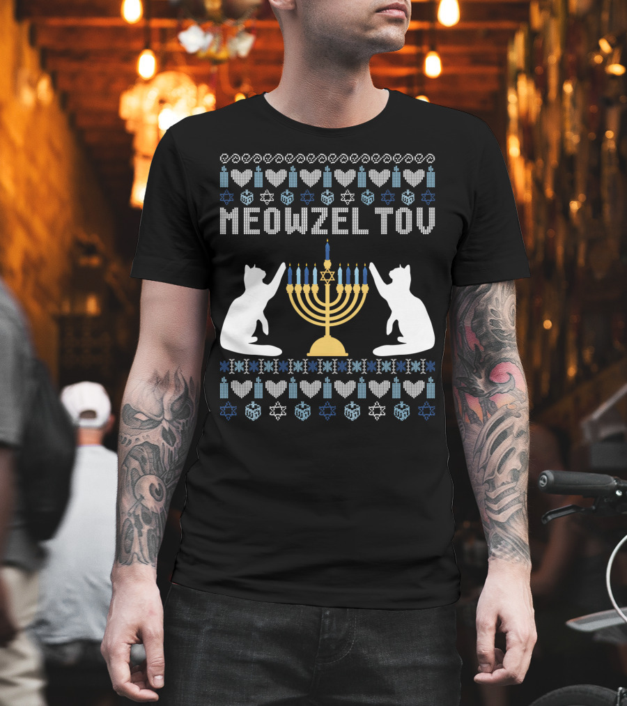 Meowzel Tov Chanukah Cats Menorah Stars Hearts Dreidels T-Shirt