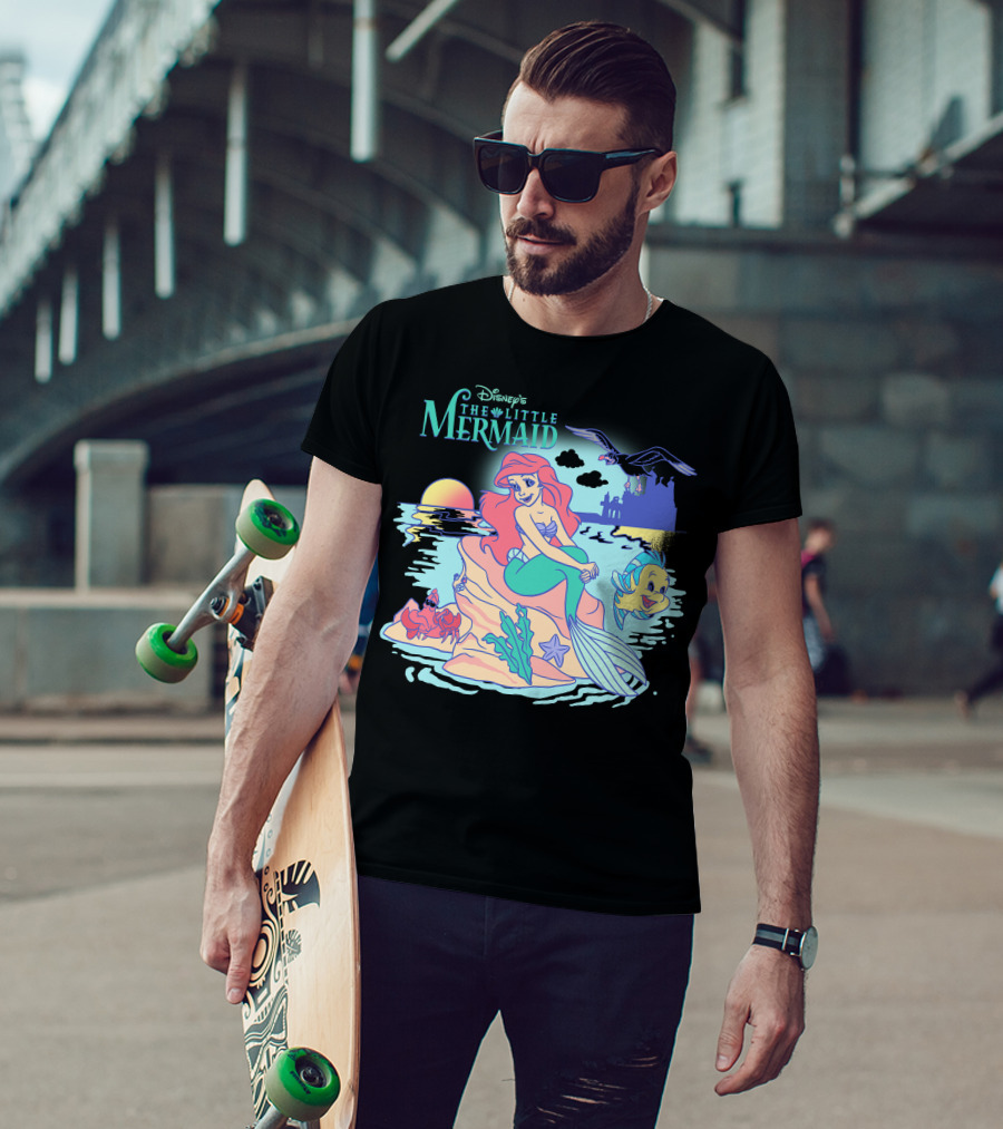 Disney's The Little Mermaid Ariel With Flounder And Sebastian By Castle At Sunset T-Shirt