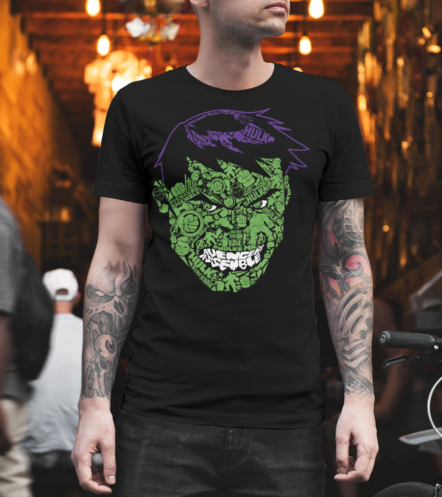 Avengers Assemble Hulk Rage Face with Smash Symbol and Purple Hair Elements T-Shirt