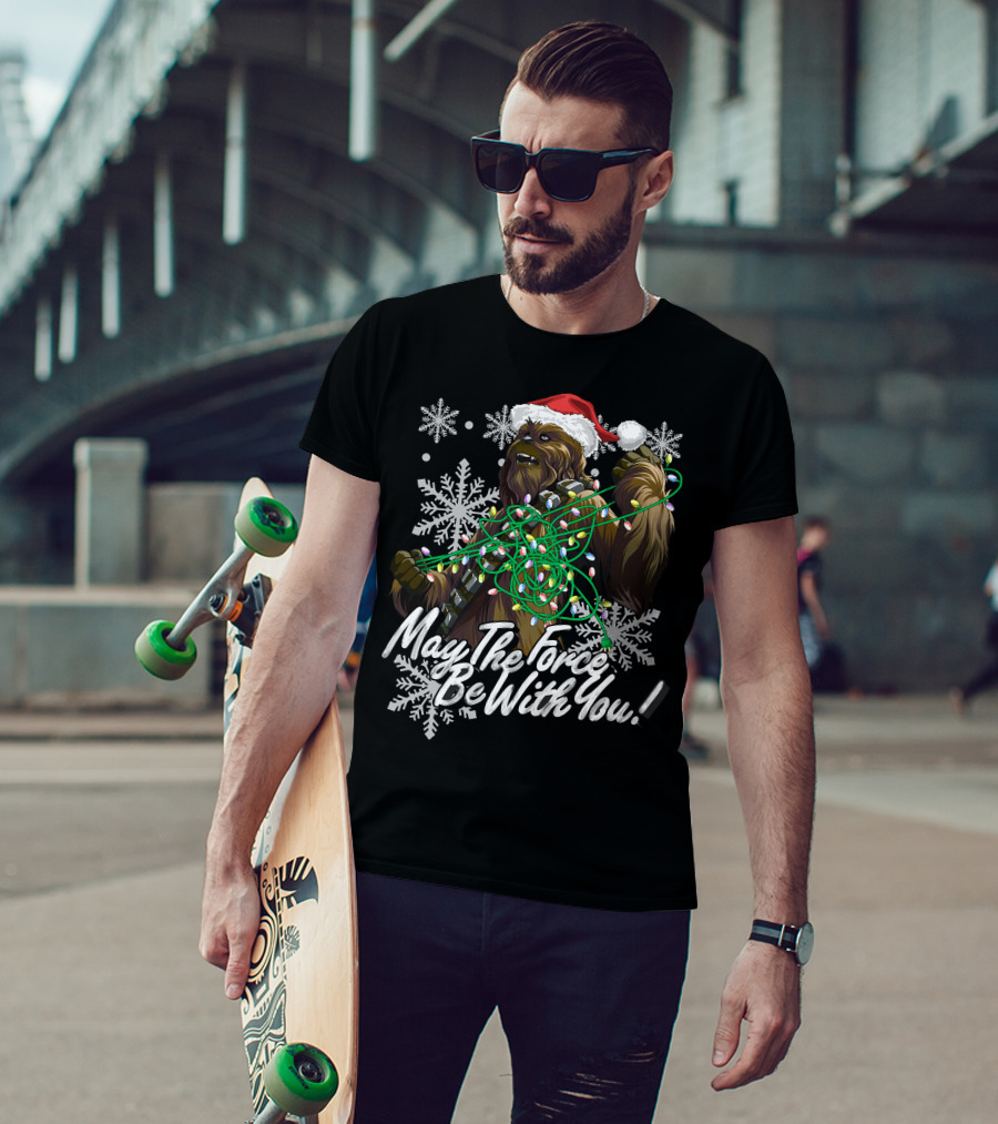 May The Force Be With You Chewbacca Santa Hat Tangled Lights Snowflakes T-Shirt