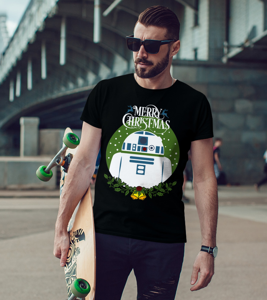 Star Wars R2-D2 Merry Christmas Wreath With Bells And Holly T-Shirt