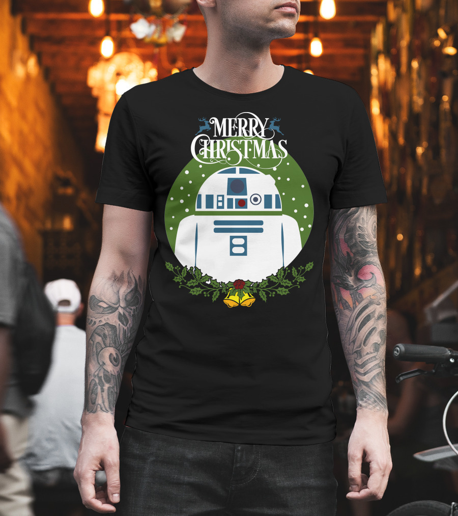Star Wars R2-D2 Merry Christmas Wreath With Bells And Holly T-Shirt
