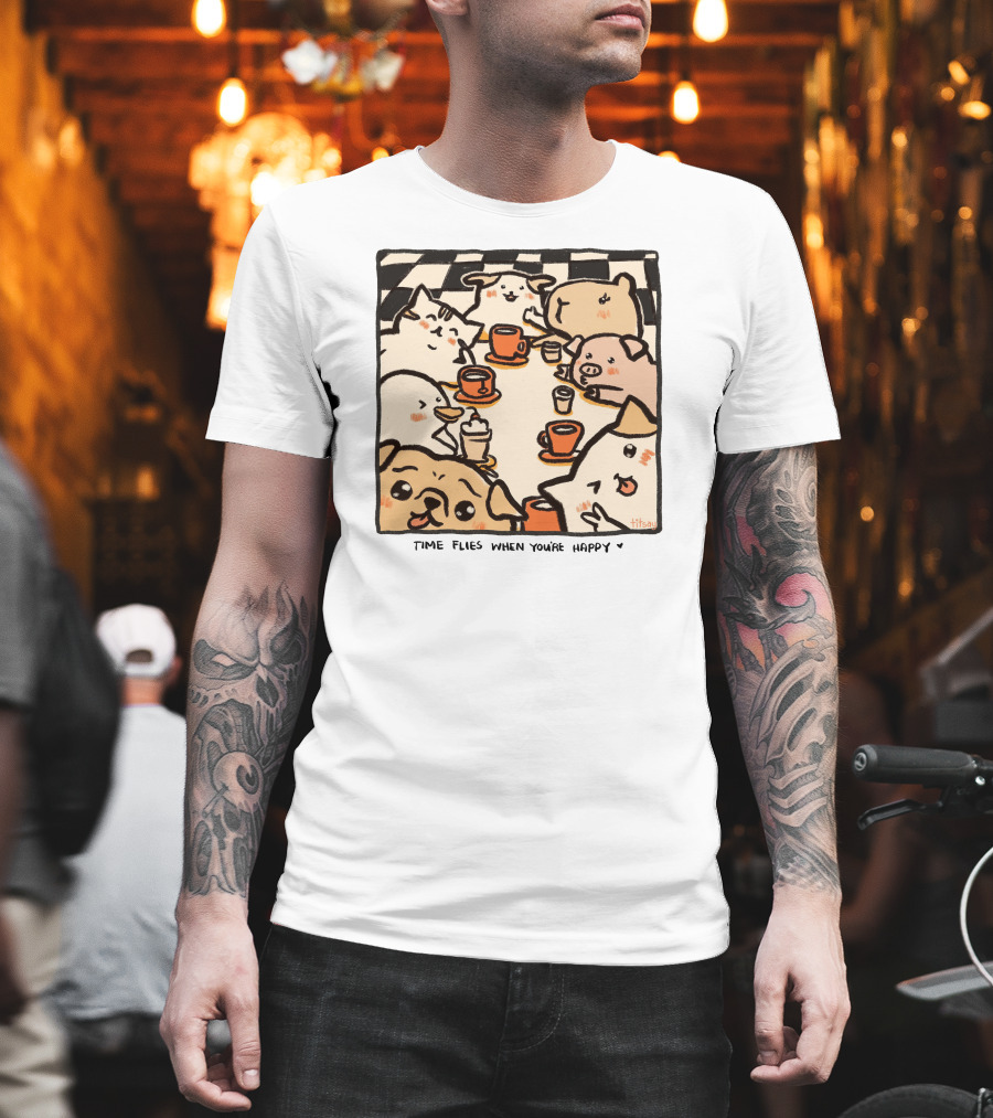 Time Flies When You're Happy With Cute Animals At Coffee Table T-Shirt