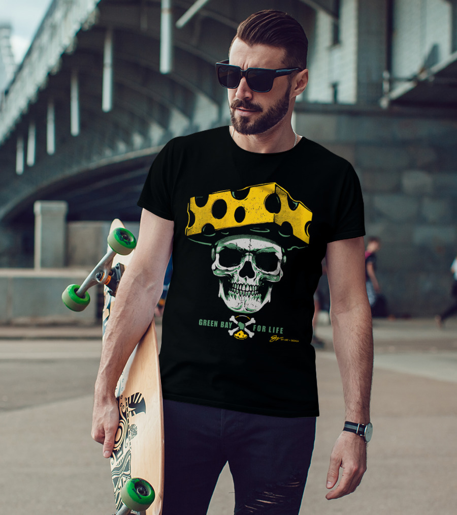 Green Bay For Life Skull Cheesehead T-Shirt