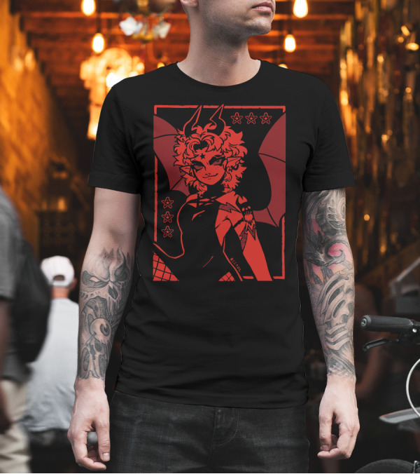 He's Satanic Red Devil Horned Figure with Bat Wings and Stars by Bitol T-Shirt He's Satanic Red Devil Horned Figure with Bat Wings and Stars by Bitol T-Shirt