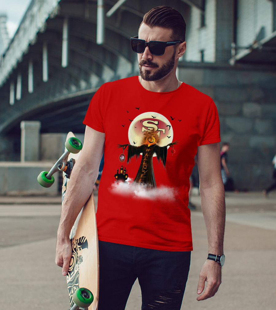 Halloween Scarecrow With Sf Logo And Haunted Castle T-Shirt