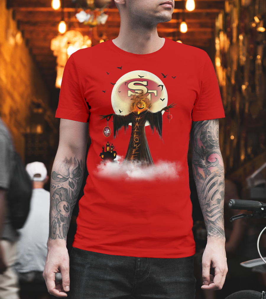 Halloween Scarecrow With Sf Logo And Haunted Castle T-Shirt
