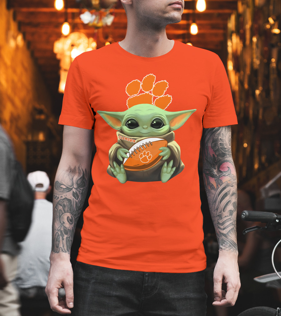 Clemson Orange Paw Baby Yoda Football T-Shirt