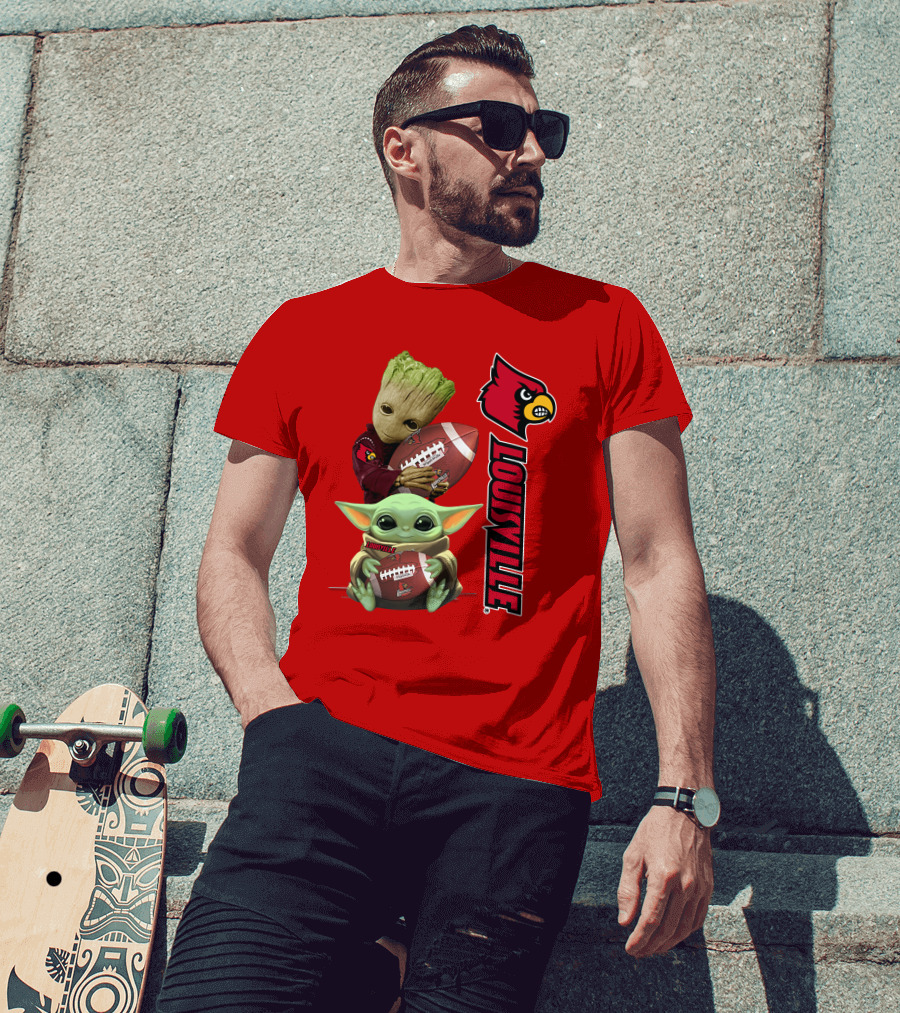 Groot Baby Yoda Holding Football Louisville Cardinals T-Shirt