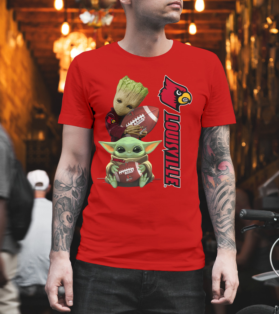 Groot Baby Yoda Holding Football Louisville Cardinals T-Shirt