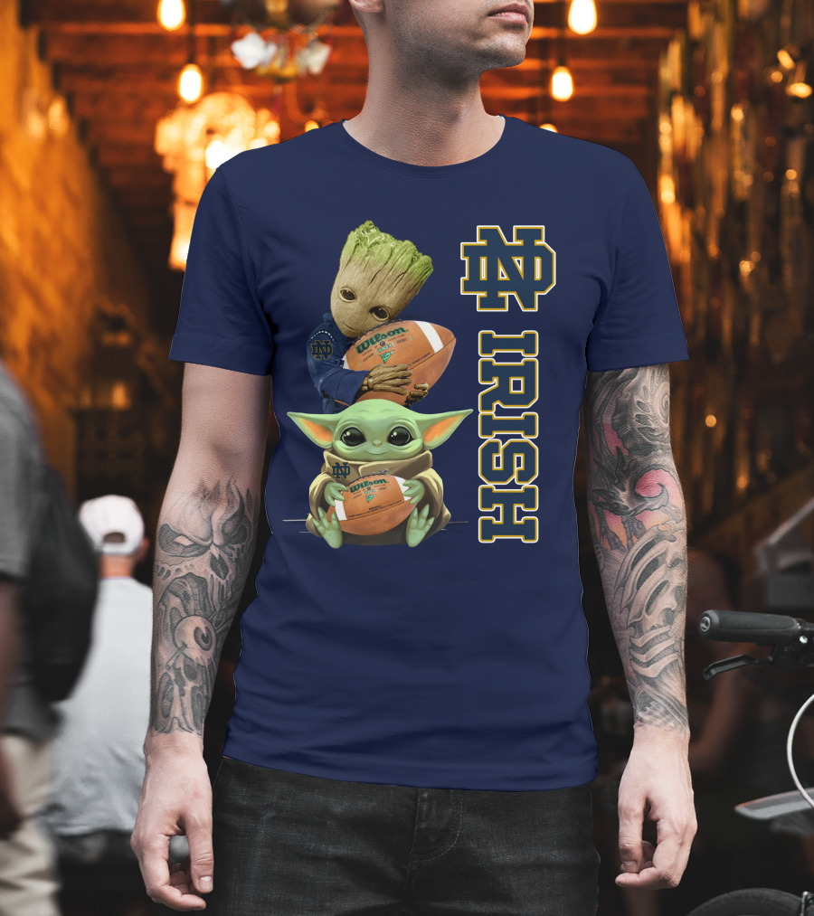 Notre Dame Irish Groot And Baby Yoda Holding Wilson Football T-Shirt