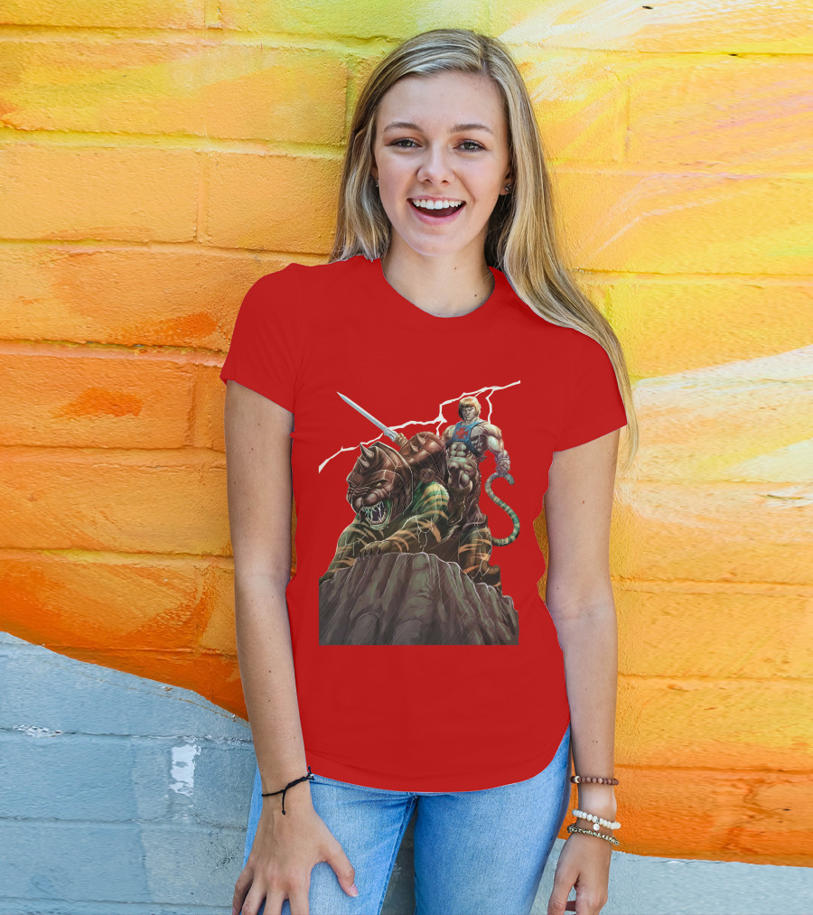 He-Man Masters Of The Universe Sword And Battle Cat On Rock With Lightning T-Shirt