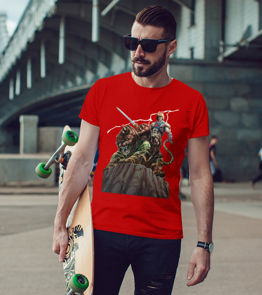 He-Man Masters Of The Universe Sword And Battle Cat On Rock With Lightning T-Shirt